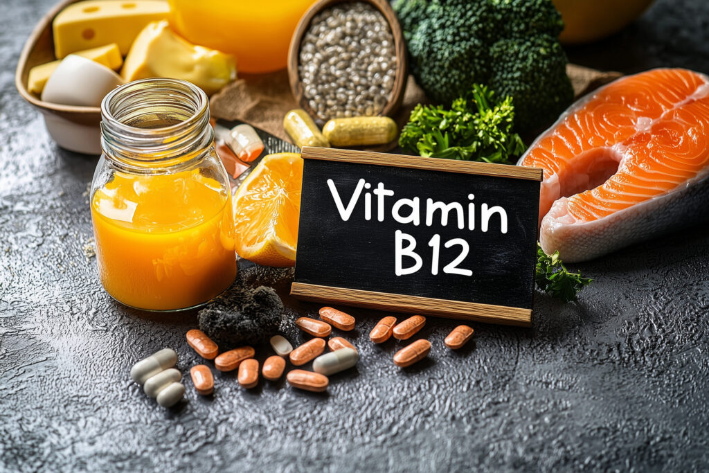 Das Bild zeigt, welche Lebensmittel neben anderen Maßnahmen geeignet sind, um einen Vitamin B12-Mangel zu beheben.